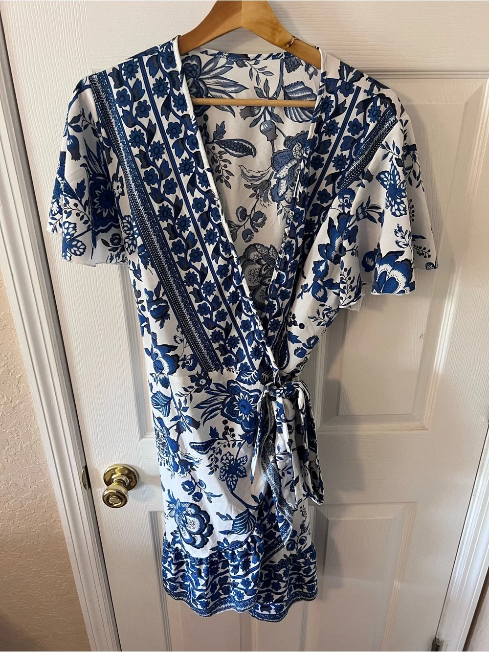 Boho Floral Print Short Sleeve Wrap V Neck Ruffle Hem A Line Dress Summer